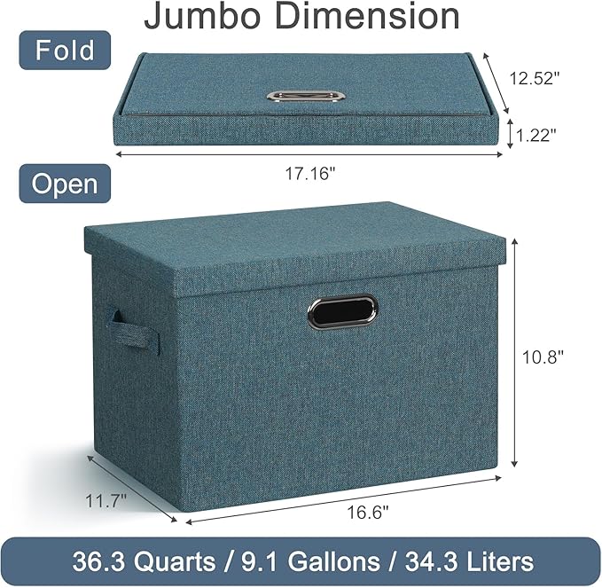 Graciadeco Large 17" 36 Quart Collapsible Stackable Storage Bins with Lids, 3 Packs Blue-Green Linen Fabric Closet Boxes with Lids, Storage Cube Baskets Container Organizers for Bedroom (17x12x11)
