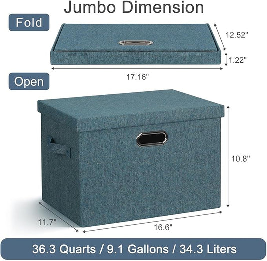 Graciadeco Large 17" 36 Quart Collapsible Stackable Storage Bins with Lids, 3 Packs Blue-Green Linen Fabric Closet Boxes with Lids, Storage Cube Baskets Container Organizers for Bedroom (17x12x11)