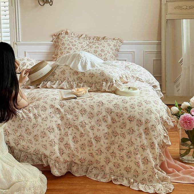 BuLuTu Vintage Floral Queen Duvet Cover Cotton Muslin Comforter Cover with Ruffles, Soft Lightweight Gauze Bedding Quilt Cover 90"x90", No Pillow Case, Zipper & Corner Ties, Machine Wash