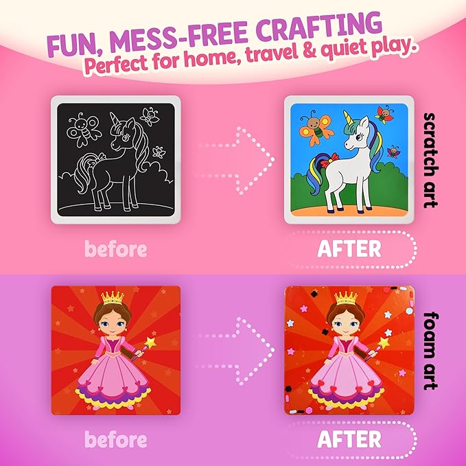 Unicorn Princess Craft Kit for Girls | 24 Kids Arts and Crafts Project Activities Set | Dot Foam Scratch Foil Art Stocking Stuffers | Birthday Holiday Christmas Gift Toys for Girls Ages 4-8 Years Old