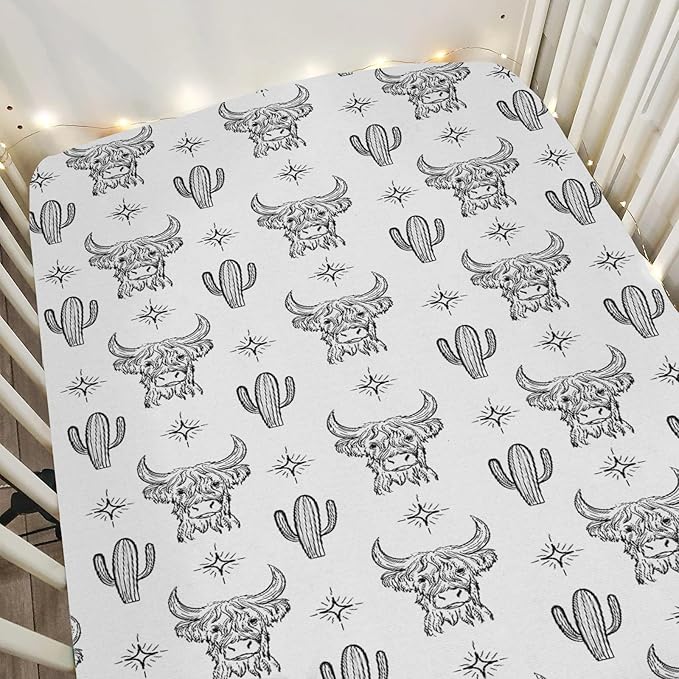 Boho Western Cow Cactus Baby Crib Sheets for Boy Girl 52x28Inch Black and White Highland Yak Soft Stretchy Fitted Crib Mattress Cover Wild West Animal Baby Sheet for Crib and Toddler Bed Mattresses