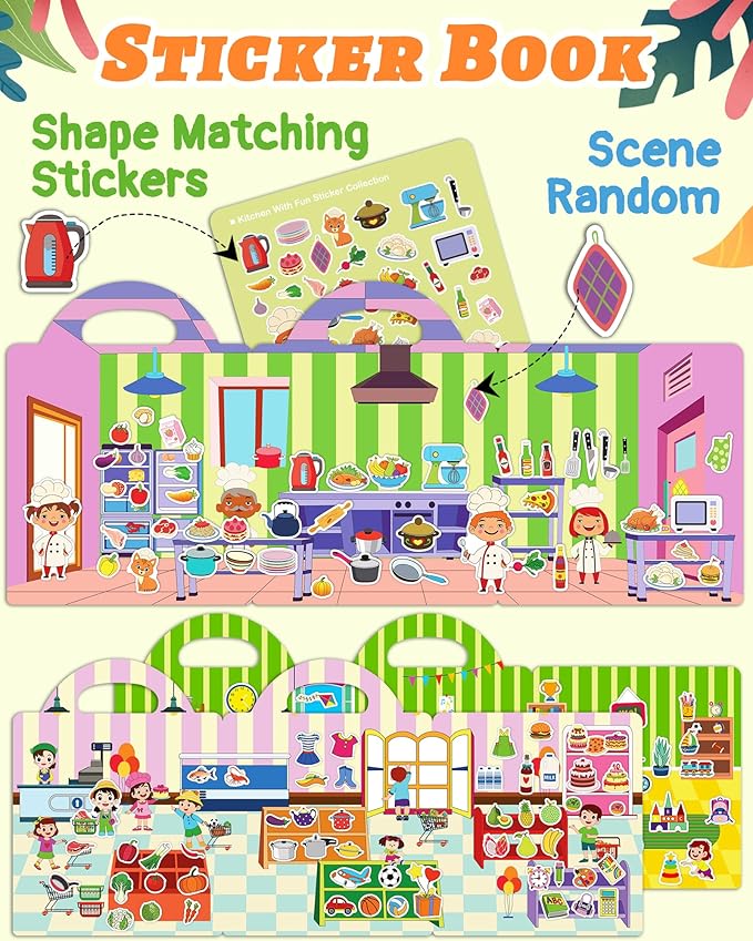Benresive Reusable Sticker Books for Toddlers, 3 Sets Travel Stickers for Kids, Toddler Sticker Book, Crafts Activities for Toddlers, 3 and Up Birthday Gifts Travel Toys