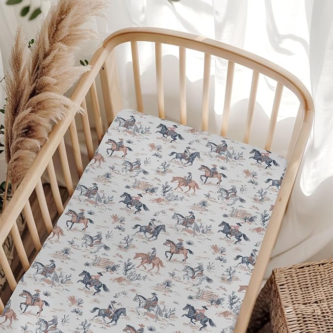 Western Cowboy Baby Crib Sheets for Boy Girl 28"x52" Cowboy Horse Soft Stretchy Fitted Crib Mattress Cover Wild West Desert Baby Sheet Fits Crib and Toddler Bed Mattresses