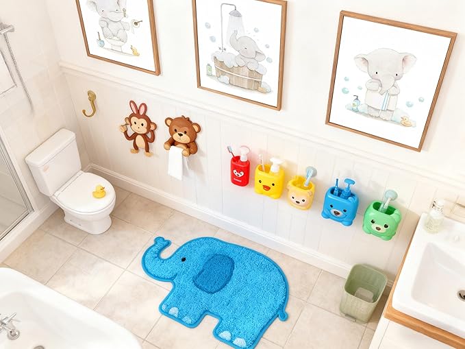 Framed. Set of three prints for bathrooms. An elephant in my bathroom wall art. Canvas Print. Funny kids Bathroom home decor. 12x16 inch.