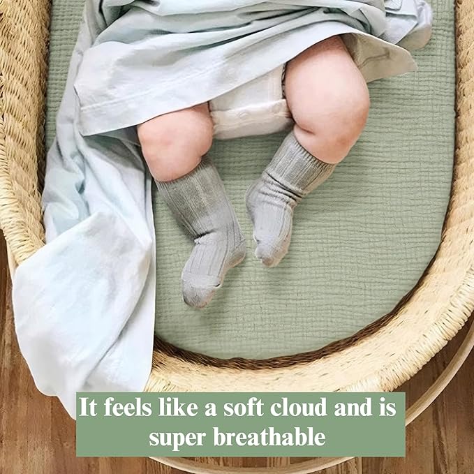Baby Muslin Bassinet Sheets 3 Pack for Boys & Girls, Soft Breathable Cotton Bassinet Mattress Cover, Universal Fit for Hourglass, Oval, and Rectangle Mattress (Leaf Green)
