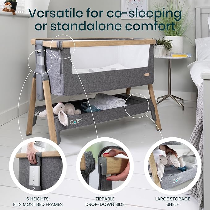 Tutti Bambini CoZee® 2-in-1 Baby Bassinet & Bedside Sleeper - Fast-Folding Bedside Bassinet, Baby Crib with 6 Mattress Heights & Breathable Mesh Window, Mattress Included, 0-6 Months (Oak & Charcoal)