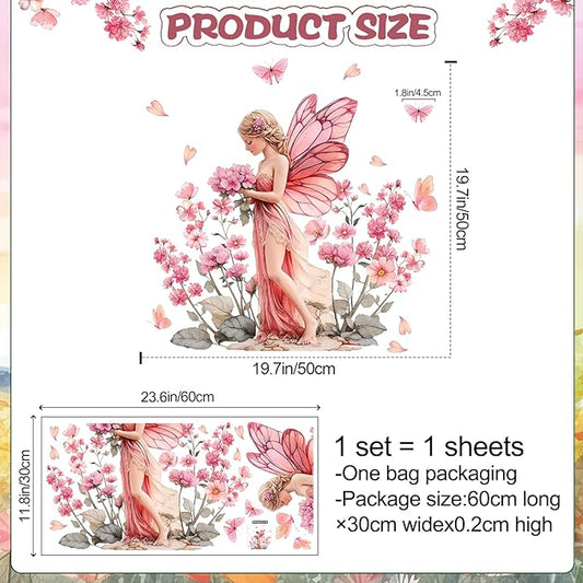 DRWSSR Removable Cartoon Pink Butterfly Elf Girl Decals Fairy Wall Decals DIY Pink Flowers Green Leaf Wall Stickers Peel and Stick for Girls Room Nursery Living Room Bedroom Bathroom Playroom Decor