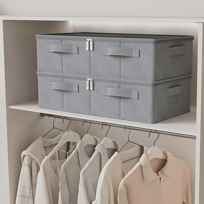 ENUMAIL Underbed Storage Box, Foldable Bed Sheet Organizer, Cube Bags Container with Lid for Organizing Clothes, Blankets, Comforter, 23.6x11.8x5.9in, Grey, 2 Pack