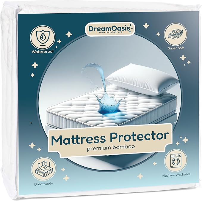 DreamOasis Waterproof Mattress Protector Twin Size - Premium Bamboo Viscose, Super Soft, Breathable, Machine Washable, Noiseless Bed Mattress Cover - White