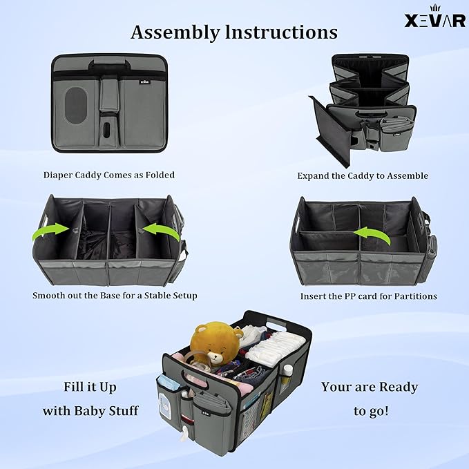 XEVAR Baby Diaper Caddy Organizer with Changing Mat - Portable Car Caddy for Newborn Essentials, Diapers & Wipes, Gift for Baby Shower and New Mom | Oxford Fabric, Grey