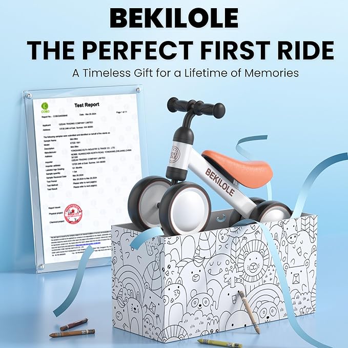 BEKILOLE Baby Balance Bike with Light Up Wheels | Toys for 1 Year Old Boy | 1st Birthday Gift for One Year Old Boy & Girl | 12-36 Month Toddler Bike - White & Brown