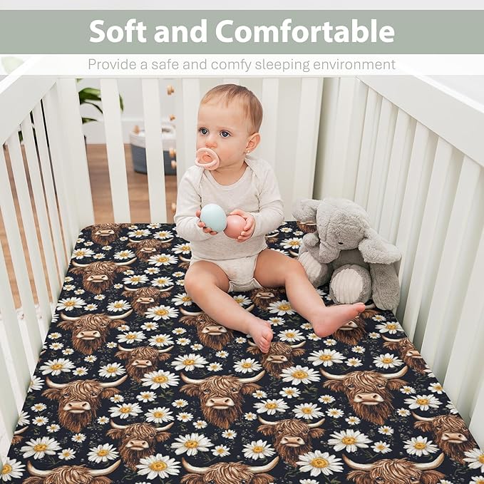 Vintage Highland Cows Daisy Baby Crib Sheets for Boy Girl 52x28Inch Retro Highland Yak Boho Floral Soft Stretchy Fitted Crib Mattress Cover Farm Baby Sheet for Standard Crib and Toddler Bed Mattress
