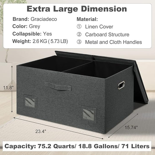 Graciadeco 75 Quarts Extra Large Decorative Storage Bins with Lids, 3 Packs Dark Gray Collapsible Storage Bins with Lids, Stackable Storage Bins Decorative Box Storage With Lid Extra Large