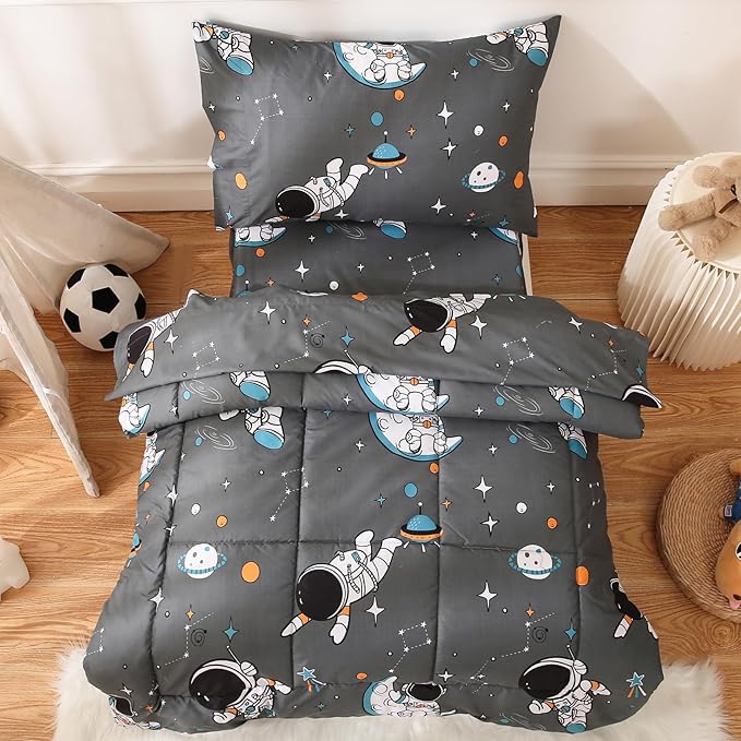 JSD Grey Astronaut Toddler Bedding Set, 4 Piece Space Theme Bed-in-a-Bag Comforter Sheet Set, Machine Washable