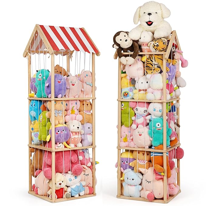 Edudif Stuffed Animal Storage, Space Saving Vertical Stuffed Animal Holder Wood, Easy Assembly Cottage-Style Plush Toys Organizer for Kids Bedroom & Playroom (Wood, Large)