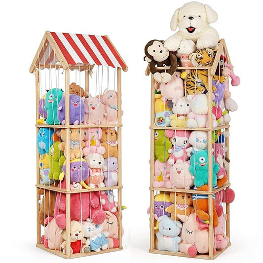 Edudif Stuffed Animal Storage, Space Saving Vertical Stuffed Animal Holder Wood, Easy Assembly Cottage-Style Plush Toys Organizer for Kids Bedroom & Playroom (Wood, Large)