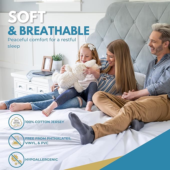 Queen Size 60x80” Premium Waterproof Zippered Mattress Encasement, 100% Cotton, Hypoallergenic, Six Sided Mattress Cover, Invisible Zippered, Soft Breathable up to 15" Deep - Rest Line