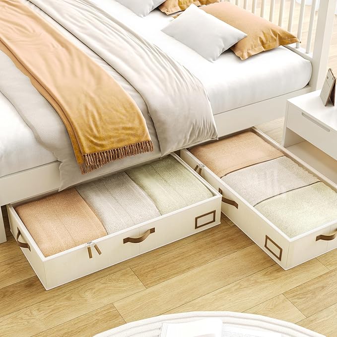 COYACOOL Under Bed Storage, Under Bed Storage Containers Bins for Clothes, Large Linen Underbed Closet Organization Bins, 2 Pack Collapsible Underbed Bin Dorm for Clothes, Sweater, Beige