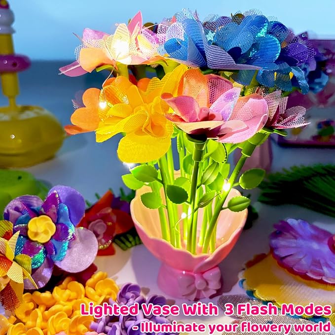 Osllate DIY Arts and Crafts for Kids Flower Toys with Lighted vase, Upgraded Unicornous Design Fabric Bouquet Craft Kits for Kids Toys for Girls Christmas Birthday for 3-12+ Year Old, Pink