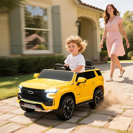 Aosom Licensed Chevrolet Tahoe Ride On Car, 12V 7AH Battery Power Ride On Toy with Parent Remote Control, LED Lights, Music, 4 Wheeler Suspension, 3 Speeds, Kids Electric Vehicle for Aged 3+, Yellow
