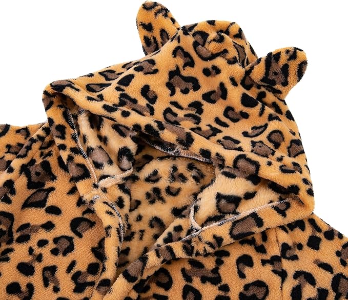 Kids Toddler Cartoon Hooded Plush Robe Leopard Pajamas Fleece Bathrobe Children Sleepwear