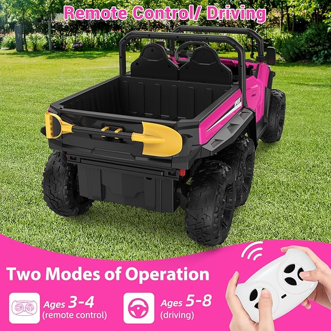 24V 2 Seater Ride on Dump Truck with Remote Control for Big Kids, 4WD 6 Wheels Ride on Car w/Music Player & LED Lights, Ride Toy Gift for Kid