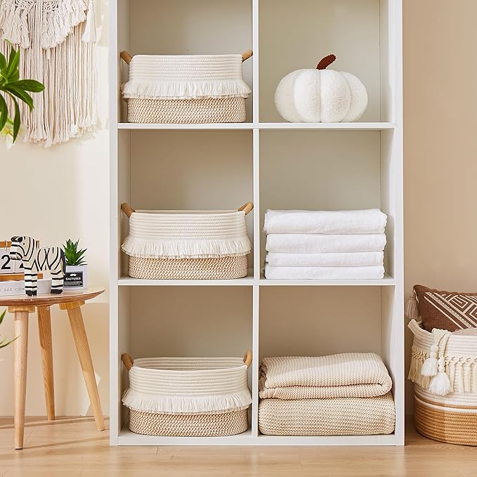 BUBUSUN Storage Bins Woven Baskets for Storage Set of 3, Cotton Rope Basket with Handles for Toys/Shelves/Laundry, Rectangle Multi-Purpose Organizer for Living Room, Bedroom, Nursery (White/Brown)