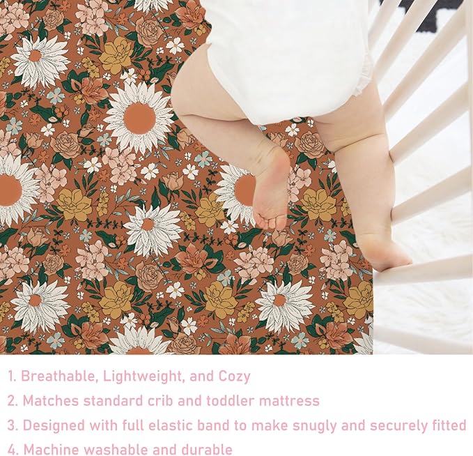 Retro Spring Wildflowers Baby Crib Sheets 52''x28'' Watercolor Floral Leaf Summer Boho Stretchy Fitted Crib Mattress Sheet for Boy Girl Botanical Soft Nursery Sheet for Standard Crib Toddler Mattress