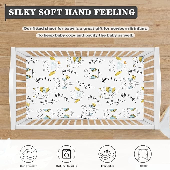Owls and Flowers Fitted Crib Sheet Owl Baby Crib Sheet Fit Standard Crib and Toddler Mattress,Crib Mattress Sheets for Boys Girls 28"x52"