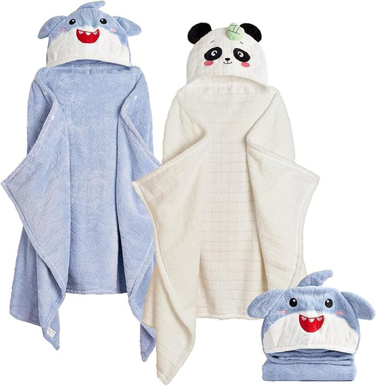 Hooded Toddler Towels with Animal Hood - 500GSM Ultra Soft & 6X Absorbent Baby Bath Towel, Large 28x55 Inch Coral Fleece Hooded Kids Towel for Boys Girls, Cape Blanket 2 Pack