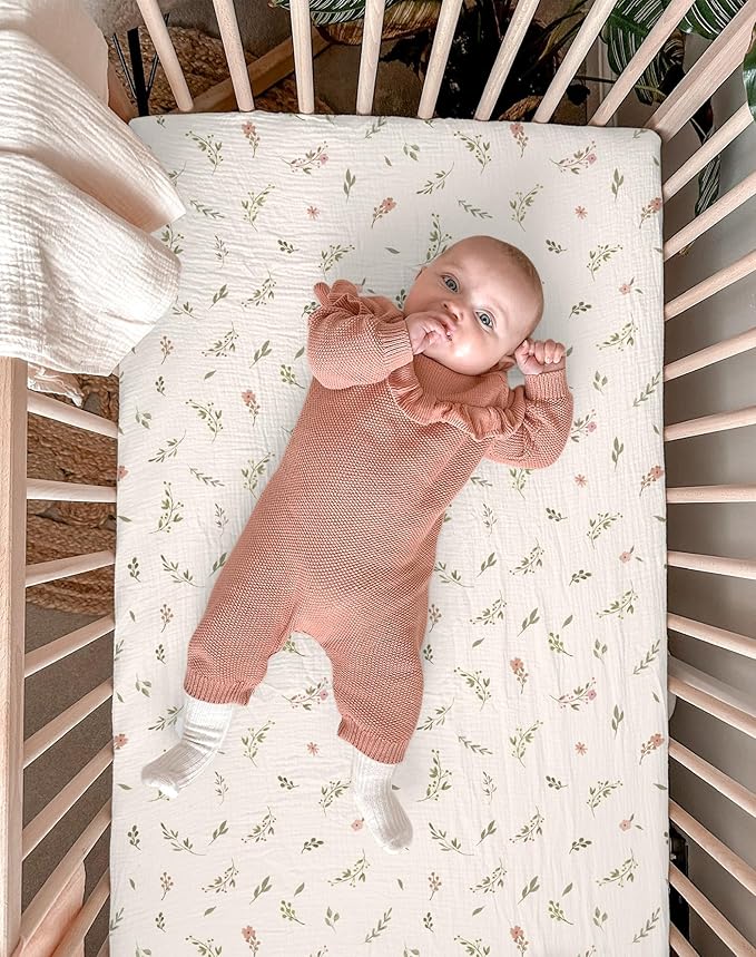 Crib Sheets for Baby Boy Girl 2 Pack, Fitted Crib Mattress Sheet 28" x 52", Muslin Toddler Bedding with Neutral Style, Nursery Bedding Essentials (Petal Leaf & Pink)