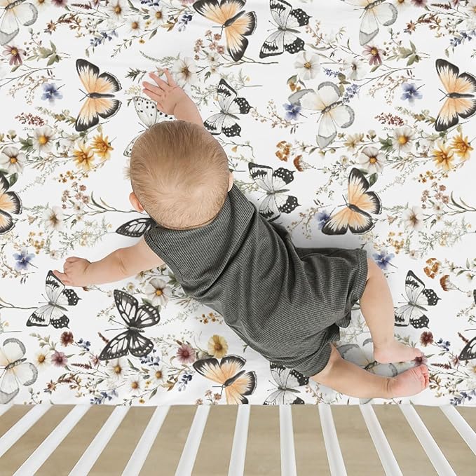 Boho Floral Butterflies Baby Crib Sheets for Boy Girl 52"x28" Vintage Wildflowers Leaves Soft Stretchy Fitted Crib Mattress Cover Retro Spring Summer Baby Sheet for Crib and Toddler Bed Mattresses