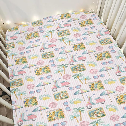 Pastel Summer Beach Baby Crib Sheets for Boy Girl 52"x28" Lemon Palm Tree Seaside Village Stripes Soft Snug Fitted Crib Mattress Cover Vibrant Coastal Baby Sheet for Crib & Toddler Bed Mattress
