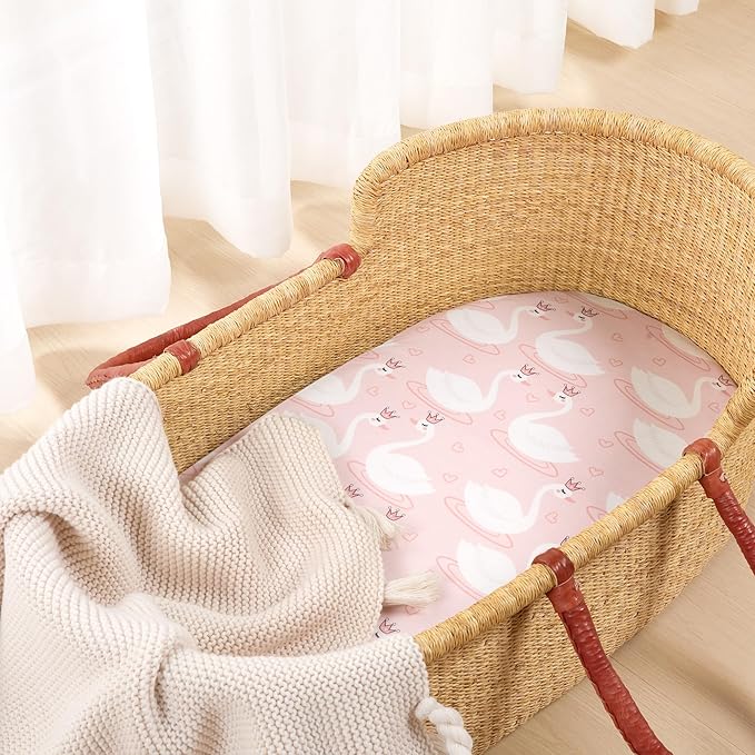 TILLYOU Baby Bassinet Sheets for Girls Boys, Fit for Hourglass Oval Rectangle Bassinet Mattress Sheets, 33”X16”, 2 Pack Swan Dance and Pink