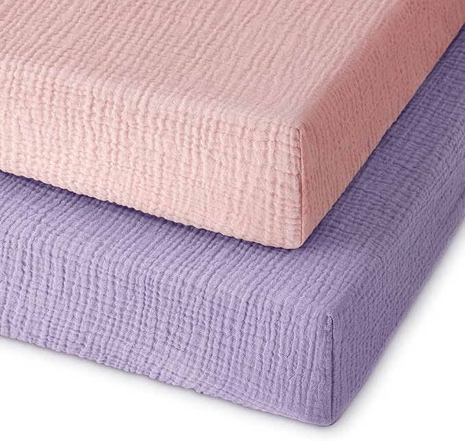 Muslin Pack and Play Sheets Fitted, 100% Cotton Mini Crib Sheets 2 Pack for Pack N Play Mattress, Stretchy Playard Sheet, Soft and Breathable Pink & Purple