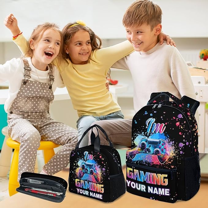 COZYAURA Customized Backpack - Video Gamer Bookbag with Lunch Box for School - Lightweight Black Gaming Backpacks for Boys