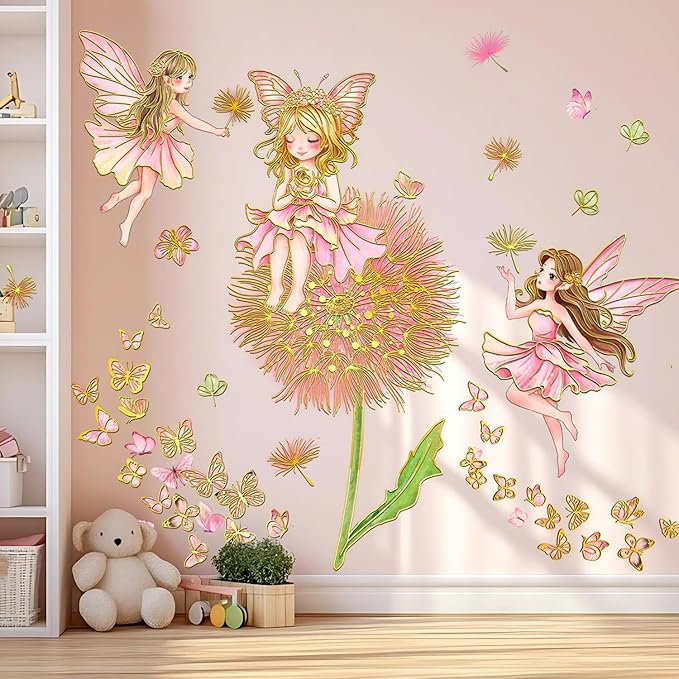 Pink Fairy Flower Wall Decal Large Dandelion Butterflies Wall Decor Peel and Stick Cartoon Style Stickers for Girls Bedroom Baby Nursery Kids Room
