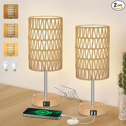 Eayaya Bedside Lamps Set of 2 with Bulb, Touch Control Nightstand Lamp for Bedroom with Rattan & Linen Shade, 3 Way Dimmable Small Boho Table Lamps with USB Charging Port & Phone Stand