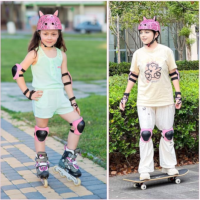Kids Helmet, Bike Helmets for Kids 8-14 with Knee Pads and Elbow Pads Wrist Guards, Adjustable Youth Girls Bike Helmet with DIY Cat Ears Skateboard Helmet for Scooter Skating Cycling