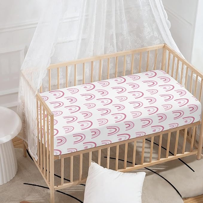 Pink Hand Drawn Boho Rainbow Fitted Crib Sheet Rainbow Baby Crib Sheet Fit Standard Crib and Toddler Mattress,Crib Mattress Sheets for Boys Girls 28"x52"