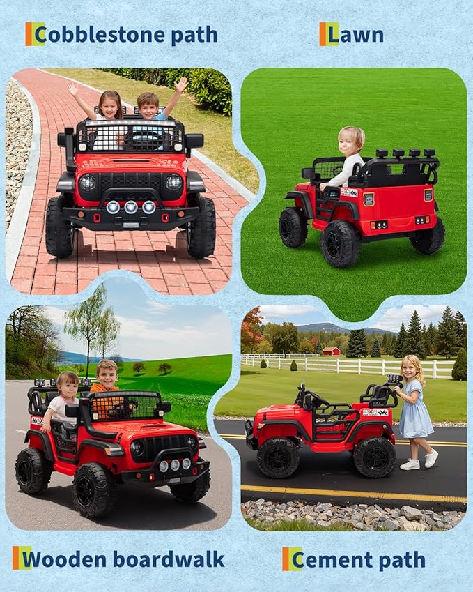 2 Seats 24V Kids Electric Ride on Car with Remote Control, 20" Large Seat with 2 Safety Belts, Two 200W Battery Powered Electric Vehicle for 3+ Years, LED Light, Music,Horn,USB Port, Riding Toy, Red