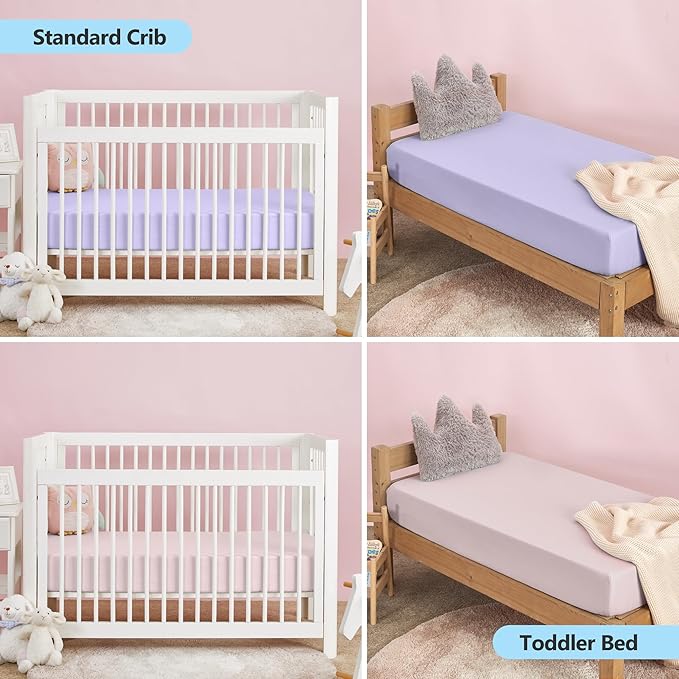 TILLYOU Baby Crib Sheets for Boys Girls, Super Soft Toddler Bed Sheets, 2 Pack Sheets for Standard Crib Mattress 28x52in, Light Purple and Light Pink