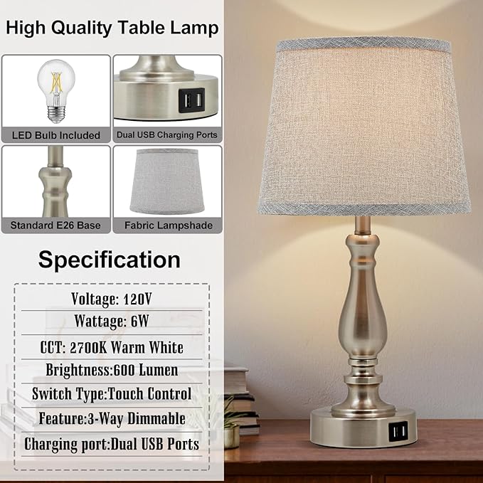 EJIAXIN Table Lamps for Bedroom Set of 2,Dimmable Touch Bedside Lamps with Dual USB A+C Ports - Nightstand Lamp for End Table Modern Night Stand Lamps for Living Room Guest Room