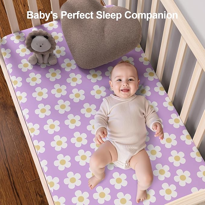 Baby Crib Sheets 2 Pack for Boys and Girls Fit for Standard Crib Toddler Mattress Breathable Soft Microfiber Baby Sheet 28x52x8in(Daisy & Black Butterfly)