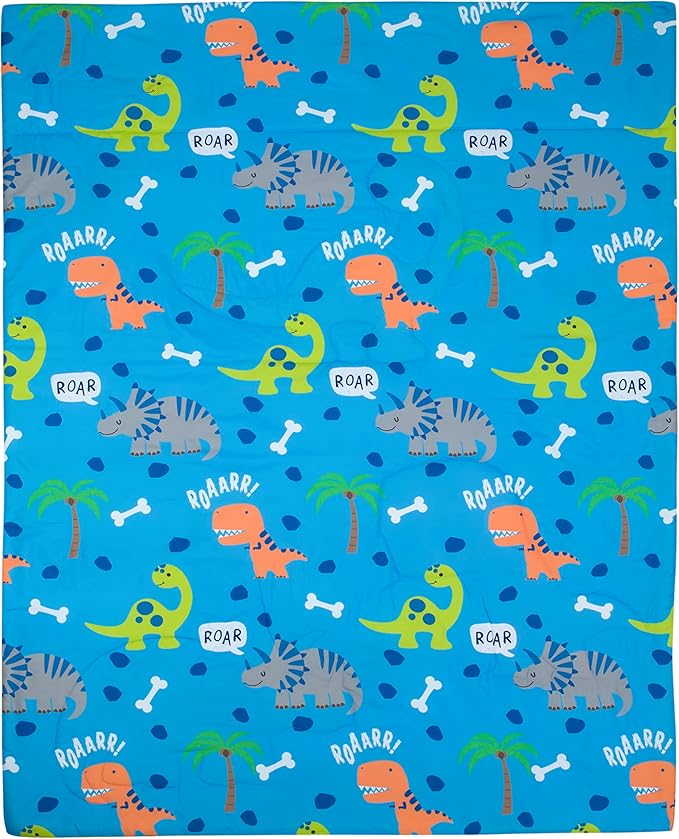 EVERYDAY KIDS 4 Piece Toddler Bedding Set – Roaring Dinosaurs - Includes Comforter, Flat Sheet, Fitted Sheet and Reversible Pillowcase – Boys Toddler Bedding