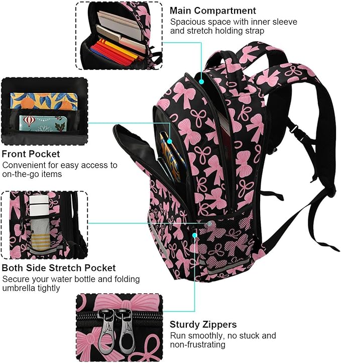 MNSRUU Laptop Backpack with Chest Strap, Pink Bow School Backpack, Travel Hiking Bag for Boys Girls Teen College Adult, Rucksack Knapsack
