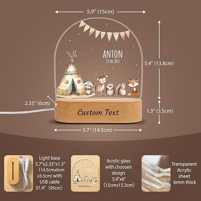 7GEEFT Personalized Baby Gifts Safari Animal Night Light, Custom Name LED Acrylic Plaque Lamp, Perfect Baby Shower Newborn Gifts for Kids Boys Girls, Christmas Nursery Decor for Children's Room
