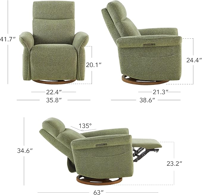 CHITA Power Recliner Chair, Electric Triple-Motor Swivel Glider Nursery Rocking Chair with Adjustable Power Headrest and Lumbar Support, Solid Wood Base, Forest Green
