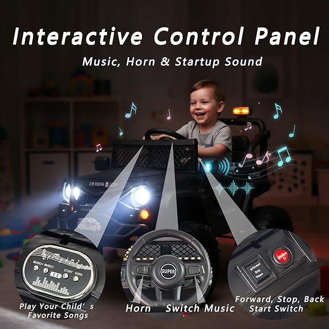 12V Kids Ride On Jeep-Style Car with Remote Control, Bluetooth Music & Stories, LED Headlights, Shock Absorption, Double Doors with Lock, Safe Speed, Battery Powered Electric Vehicle for Boys & Girls