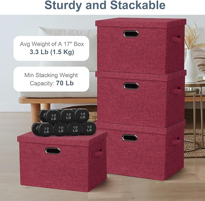 Graciadeco Large 17" 36 Quart Collapsible Stackable Storage Bins with Lids, 3 Packs Bright Red Linen Fabric Closet Boxes with Lids, Storage Cube Baskets Container Organizers for Office (17x12x11)